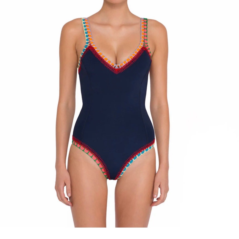 KIINI Navy One-Piece with Multicolor Crochet Trim